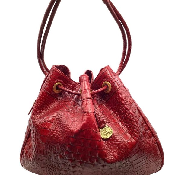 VTG BRAHMIN Dana Drawstring Shoulder Bag Melbourne Croc Embossed Red Leather Lrg - Picture 2 of 8